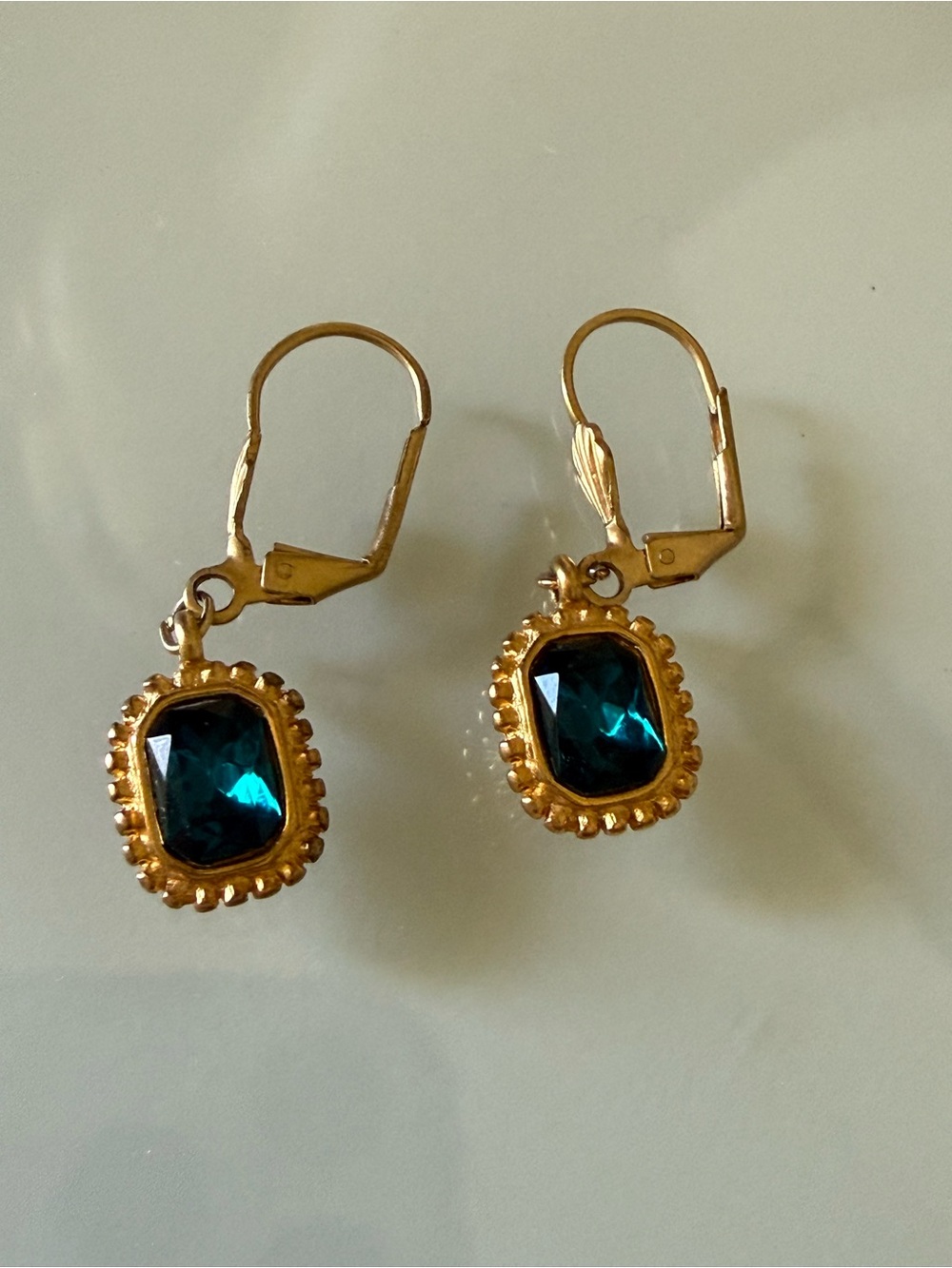 Trifari vintage 70-80 s Gold Drop Earrings with Teal Blue Gemstone
